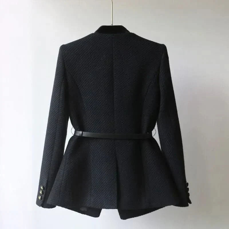 Stand Collar Belted Gold Button Tweed Jacket 3