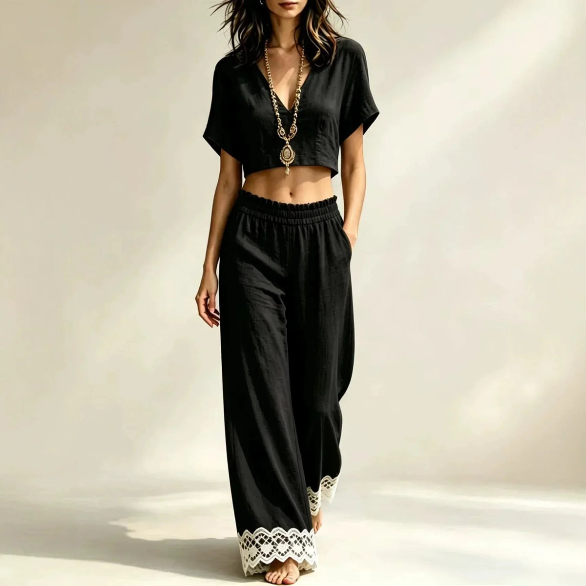 V-Neck Crop Top and Lace Trim Wide Leg Pants Two Piece Set 2
