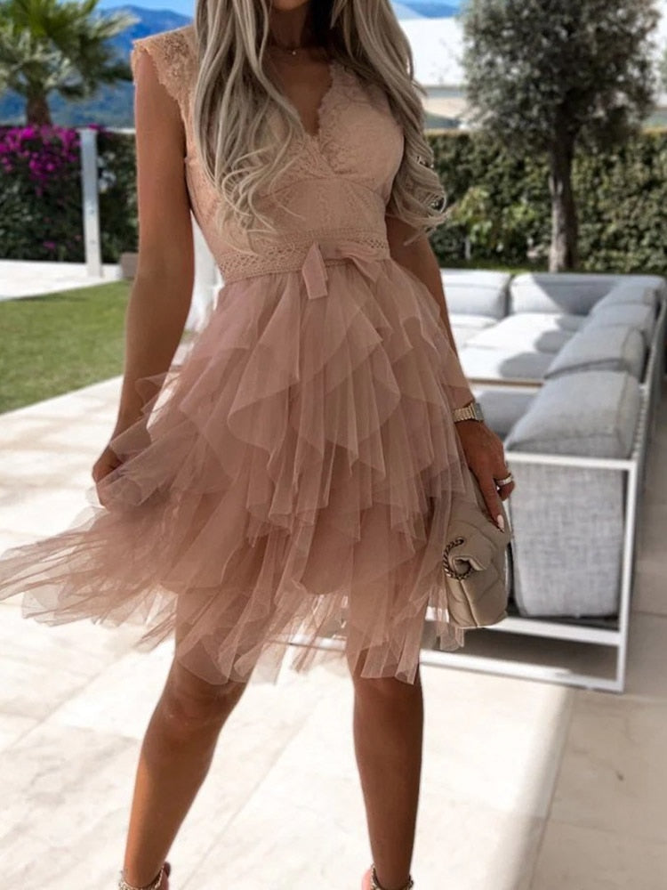 Lace Deep V-Neck Cap Sleeve Bow Waist Tiered Tulle Mini Dress - View 15
