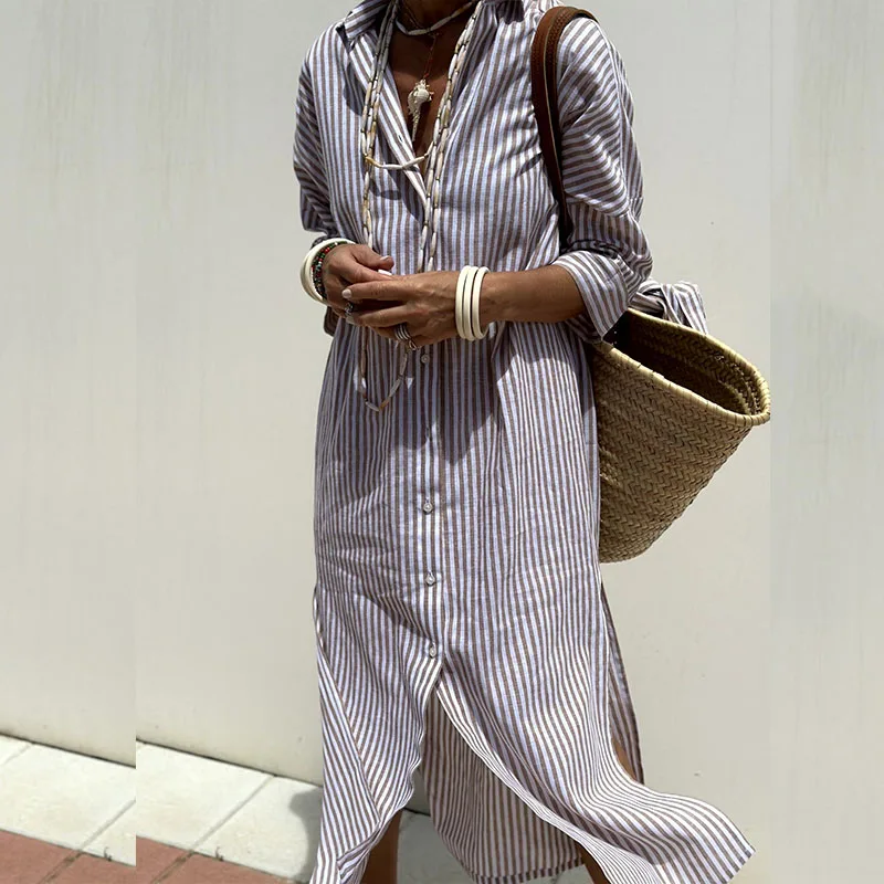 Vertical Striped Collared Button Down Maxi Shirt Dress - View 5