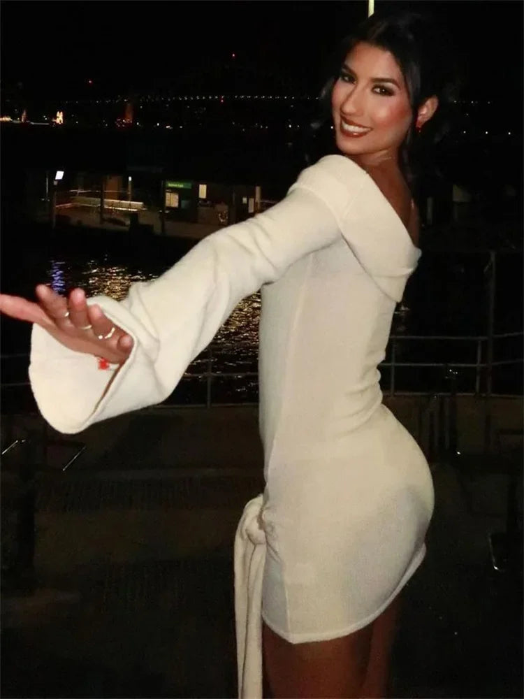 Off Shoulder Long Sleeve Ribbed Knit Side Tie Bodycon Mini Dress - View 2