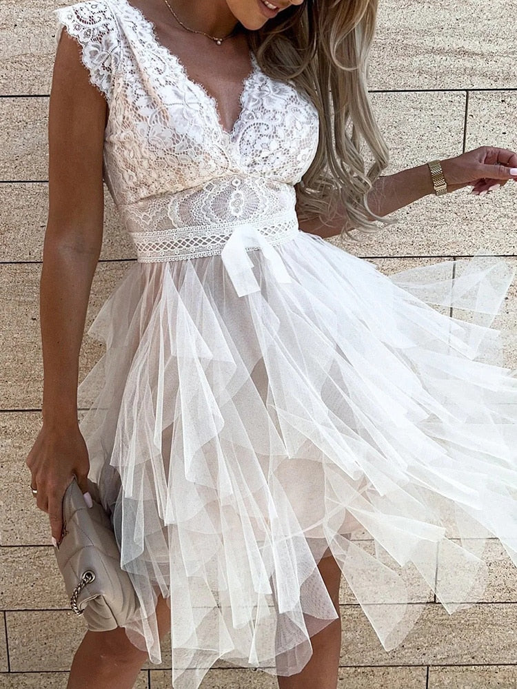 Lace Deep V-Neck Cap Sleeve Bow Waist Tiered Tulle Mini Dress - View 21