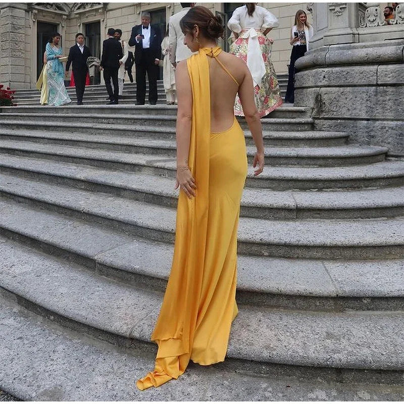 Yellow Satin Backless Lace - Up Off - Shoulder Maxi Dress - View 10