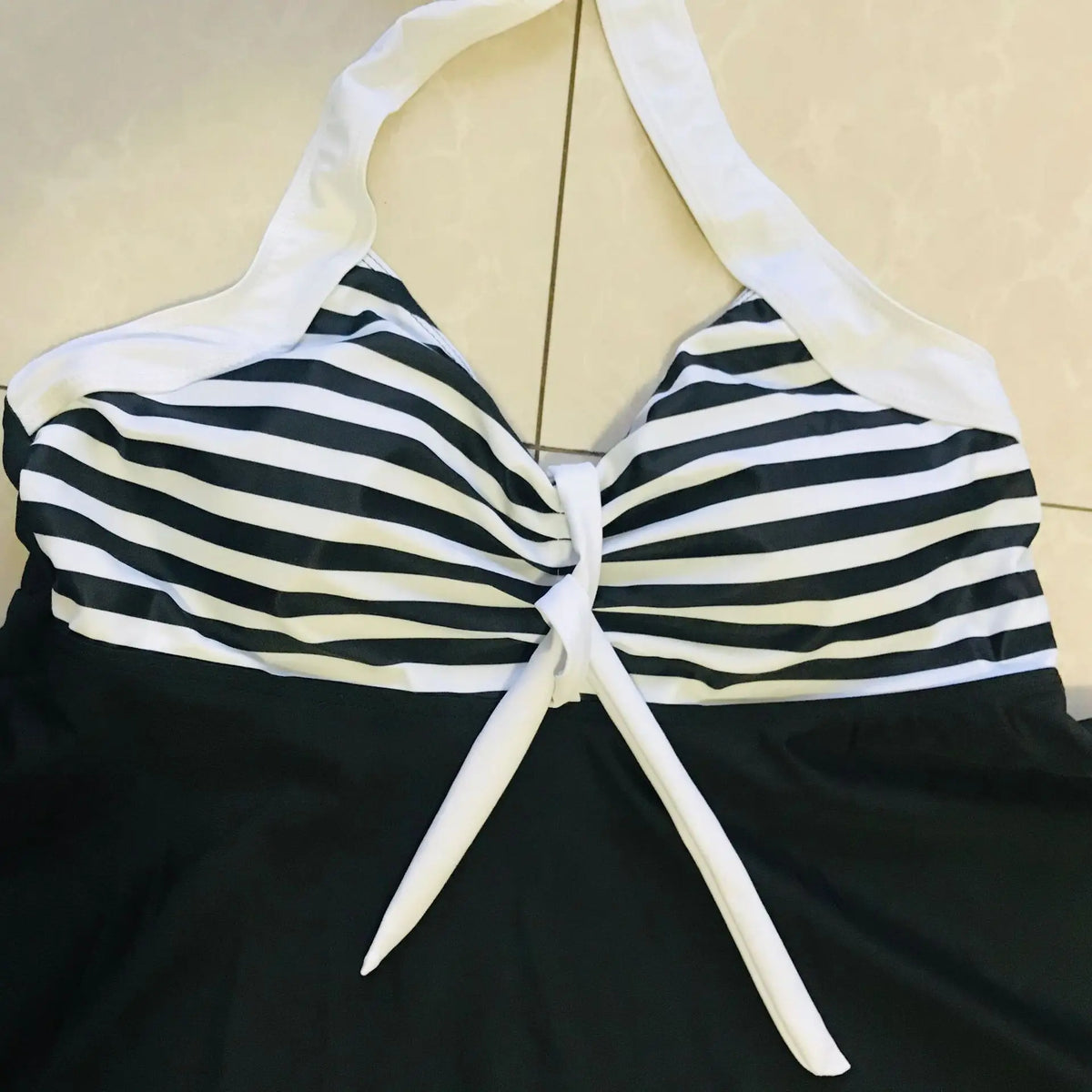 Striped Halter Neck Tie Front Swim Dress 6