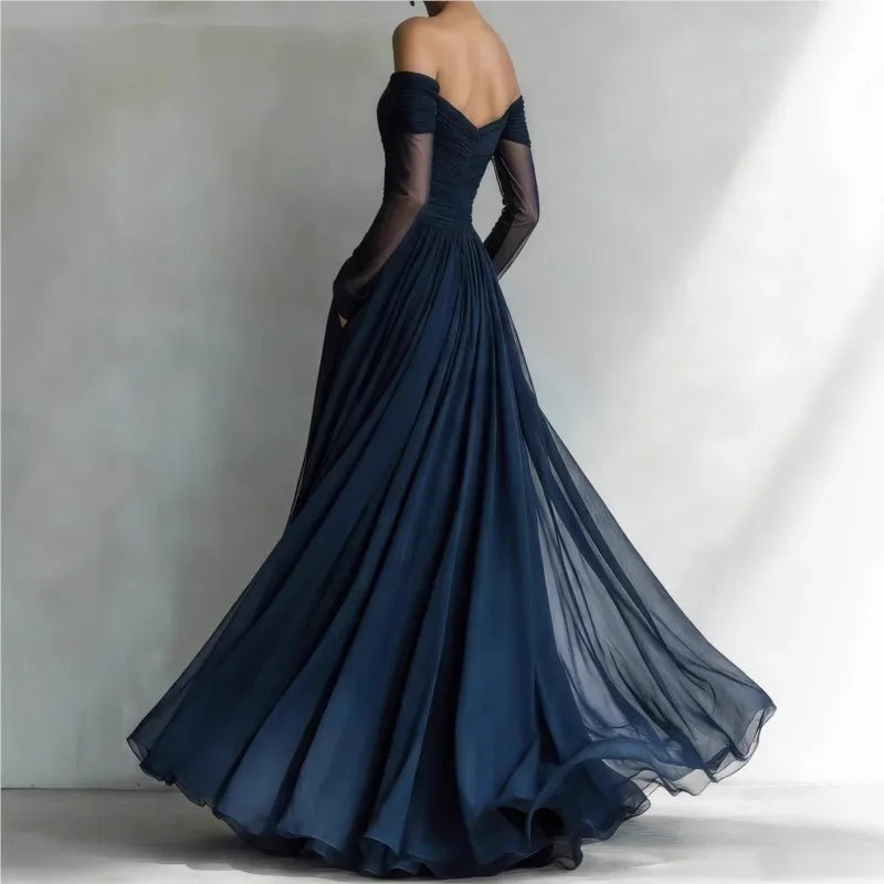 Off Shoulder Sweetheart Ruched Sheer Sleeve Maxi Gown 3