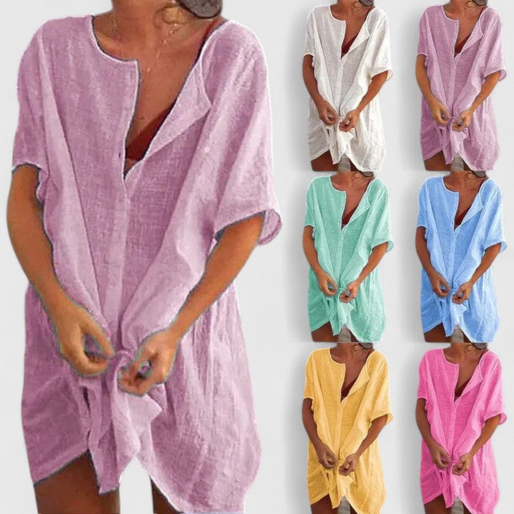 Button Front Short Sleeve Linen Look Shirt Dress 10