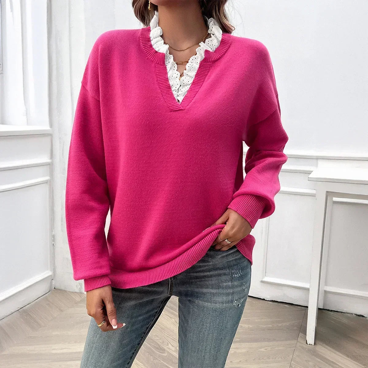 Lace Trim V-Neck Long Sleeve Knit Sweater 10