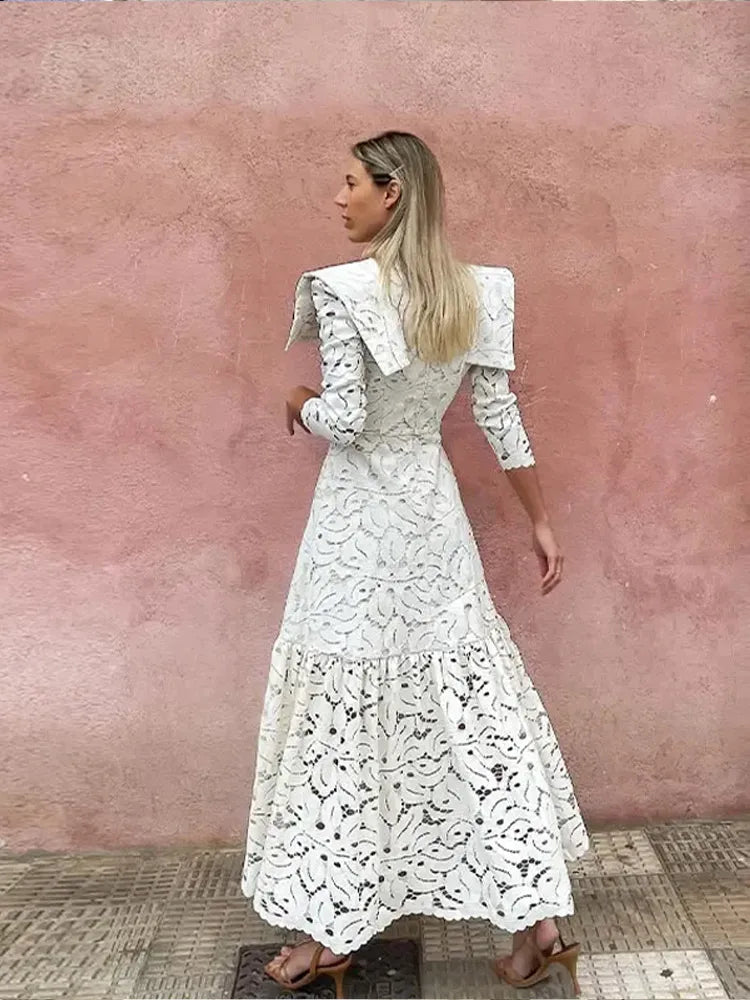Long Sleeve Mock Neck Lace Capelet Shoulder Tiered Ruffle Maxi Gown - View 2