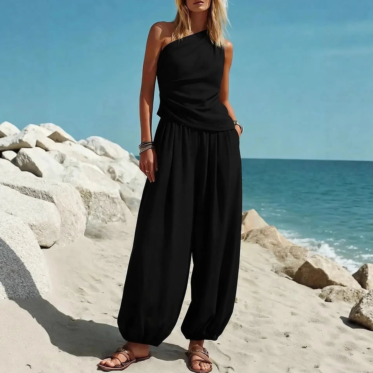 One Shoulder Ruched Top and Balloon Leg Pants Two Piece Set 2
