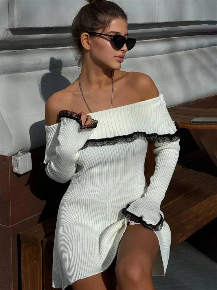 Fresia - Contrast - Lace Off - Shoulder Mini Dress - View 3