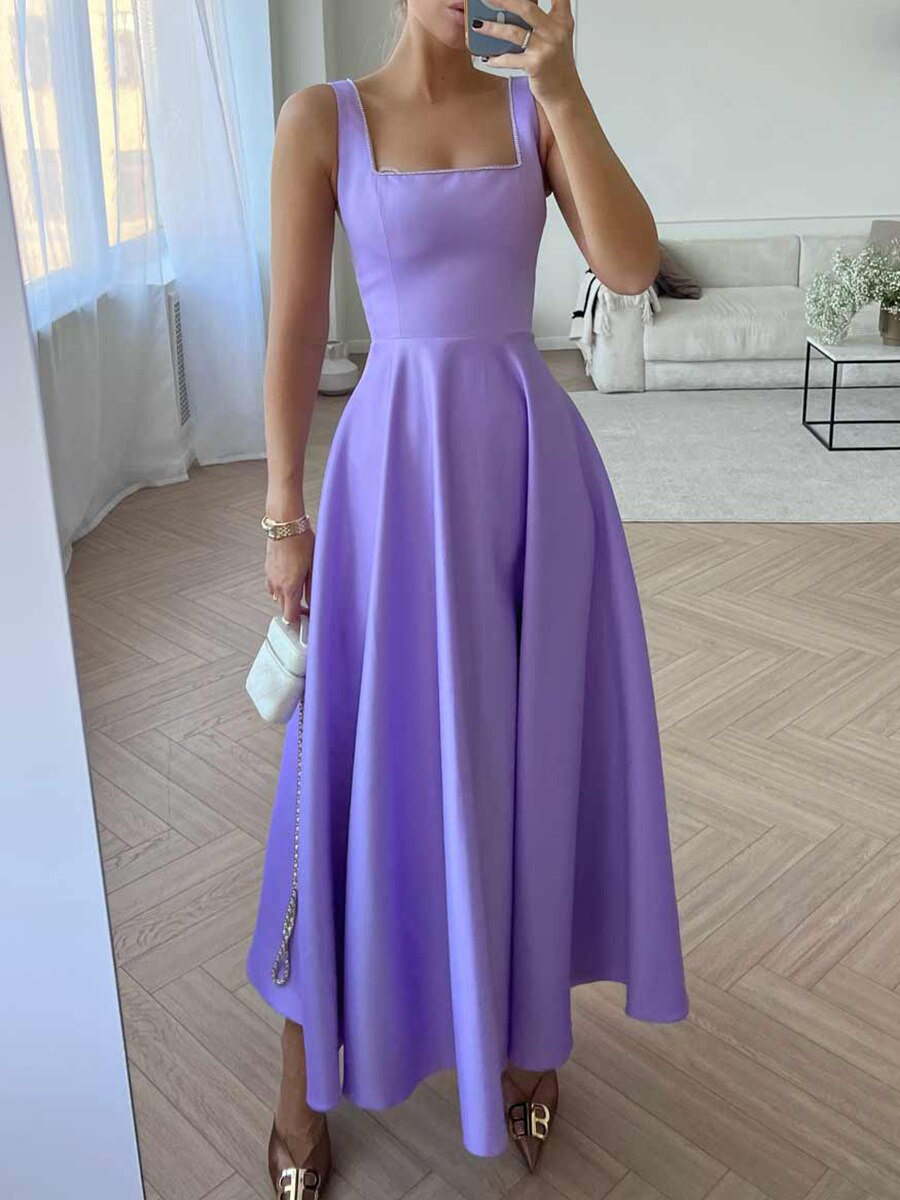 Satin Square Neck Rhinestone Trim Wide Strap Maxi Gown - View 4
