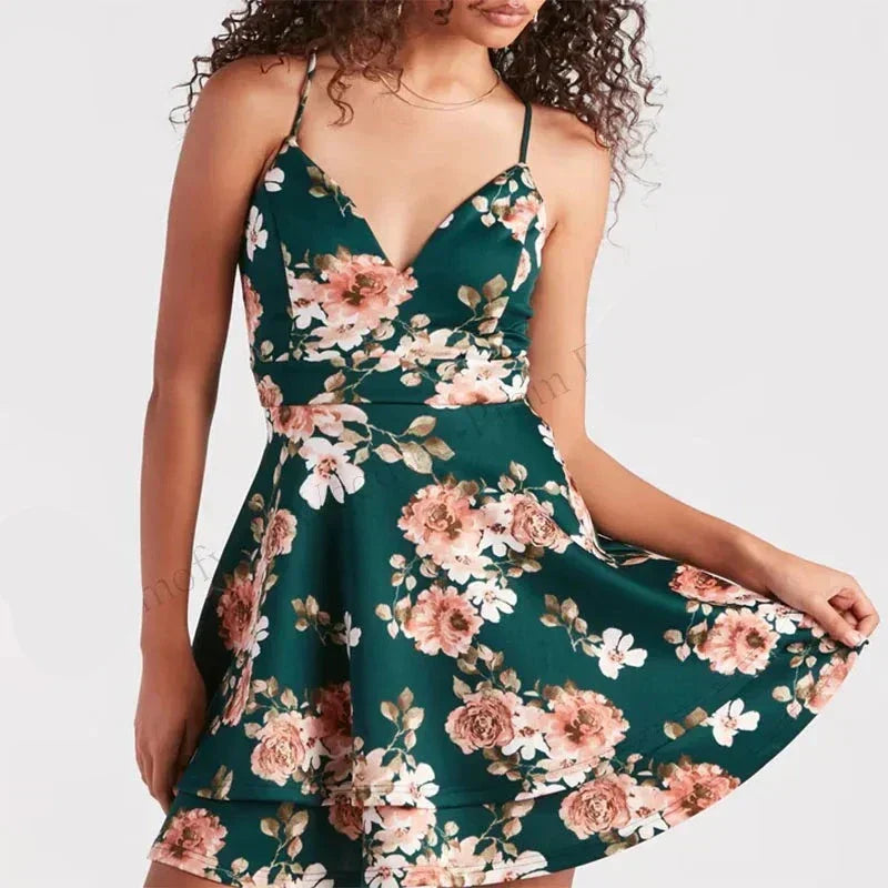 Floral Print Spaghetti Strap Deep V-Neck Surplice Tiered Fit and Flare Mini Cocktail Dress