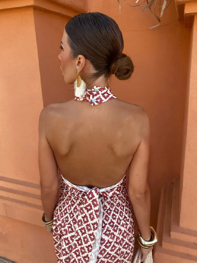 Geometric Print Halter Neck Cross Front Cut Out Tiered Maxi Dress 3