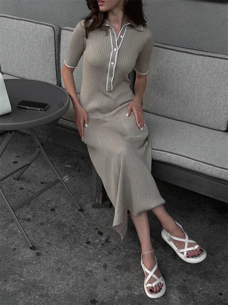 Ribbed Knit Polo Collar Short Sleeve Button Front Maxi Dress 8