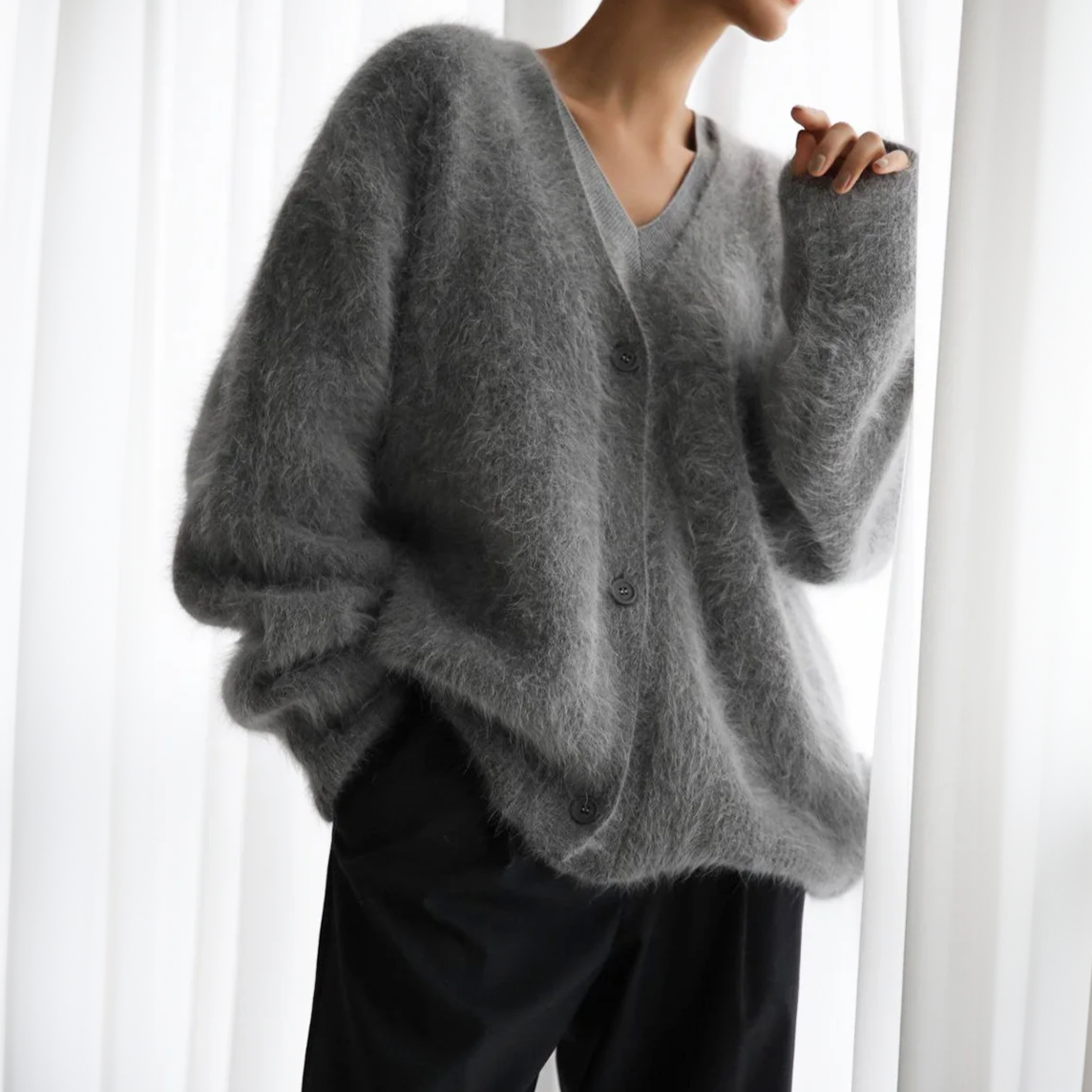 Fuzzy Knit V-Neck Button Front Cardigan 3