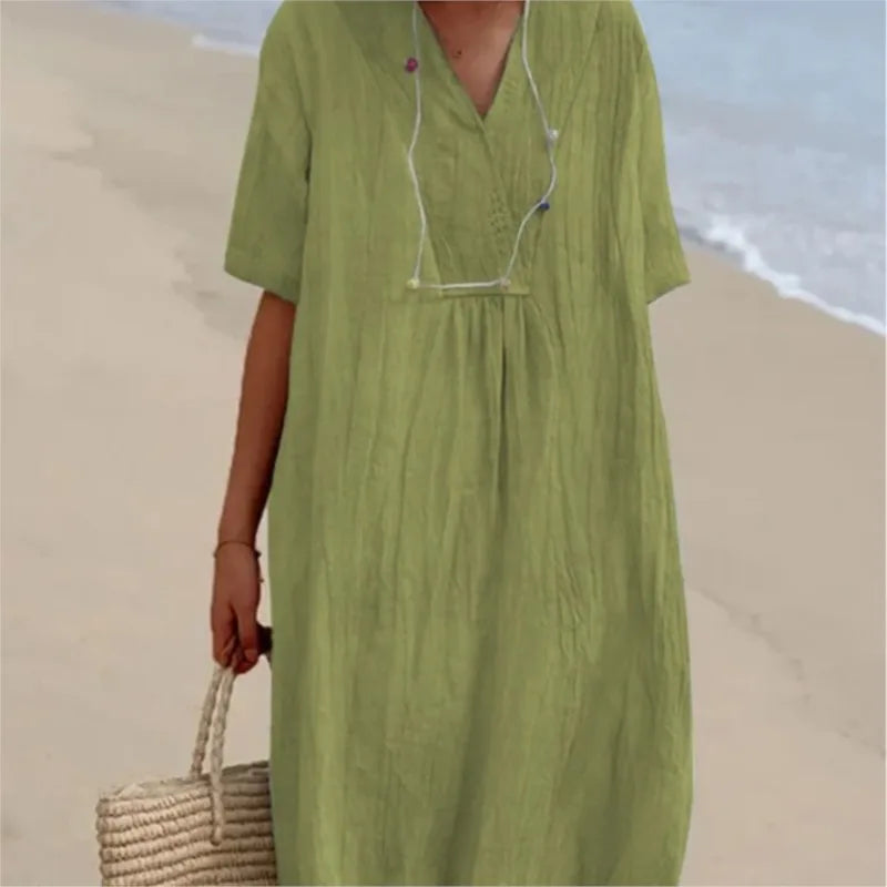 Split Neck Short Sleeve Linen Look Maxi Dress 3