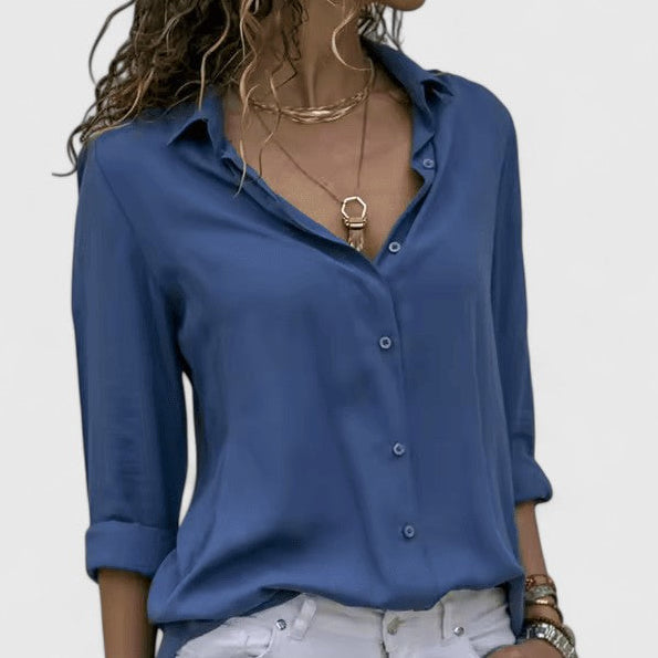 Collared Button Front Long Sleeve Satin Blouse 3