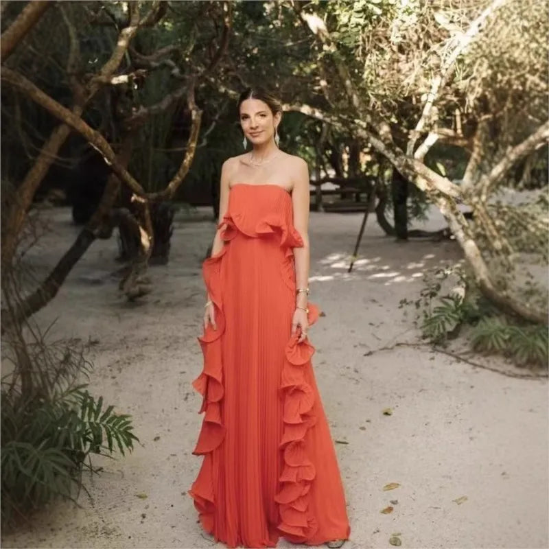 Pleated Chiffon Long Ruffled Strapless Dress - View 4