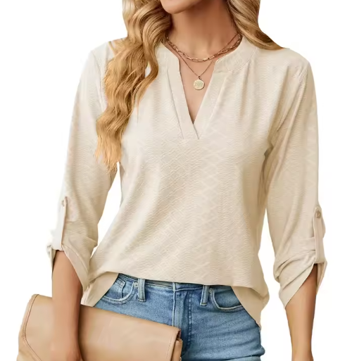 Split Neck Long Sleeve Textured Blouse 5