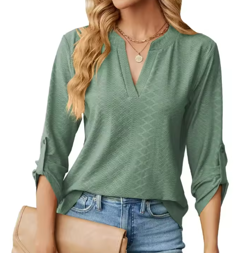 Split Neck Long Sleeve Textured Blouse 4