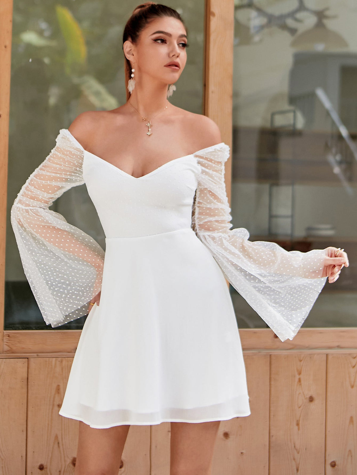 Swiss Dot Mesh Deep V-Neck Ruched Bell Sleeve Fit and Flare Mini Dress - View 5