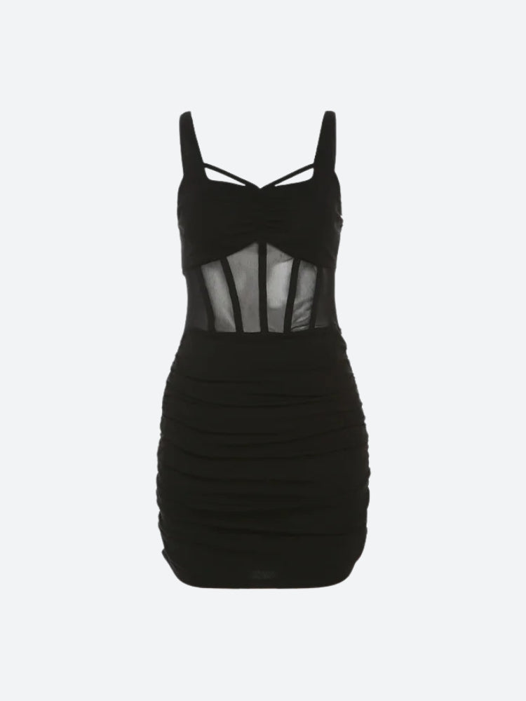 Mesh Corset Waist Cross Strap Ruched Bodycon Mini Dress - View 4