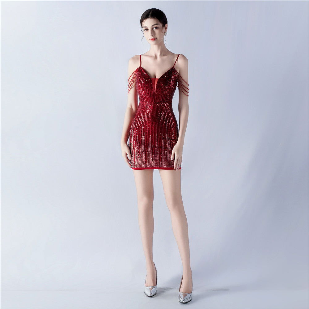 Sequin Deep V-Neck Mesh Panel Beaded Shoulder Fringe Mini Dress - View 5