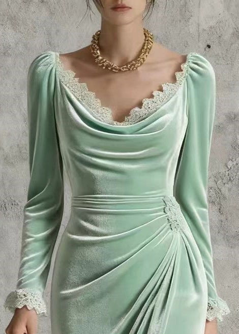 Velvet Sweetheart Neck Long Sleeve Lace Trim Ruched Midi Dress - View 2