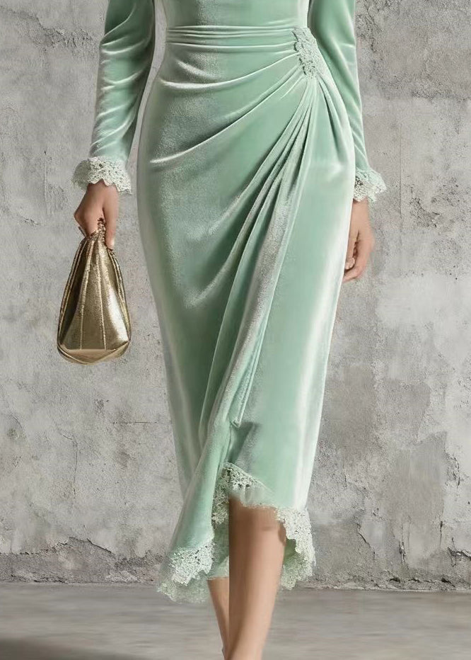 Velvet Sweetheart Neck Long Sleeve Lace Trim Ruched Midi Dress - View 4