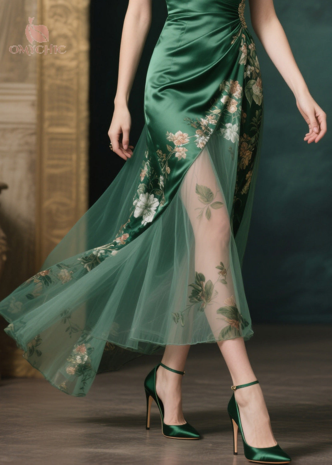 Spaghetti Strap Deep V-Neck Floral Tulle Overlay High Split Maxi Gown - View 4