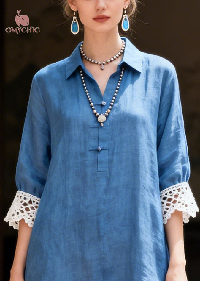Lace Trim Collar Button Front Three Quarter Maxi Shirt Dress - View 2