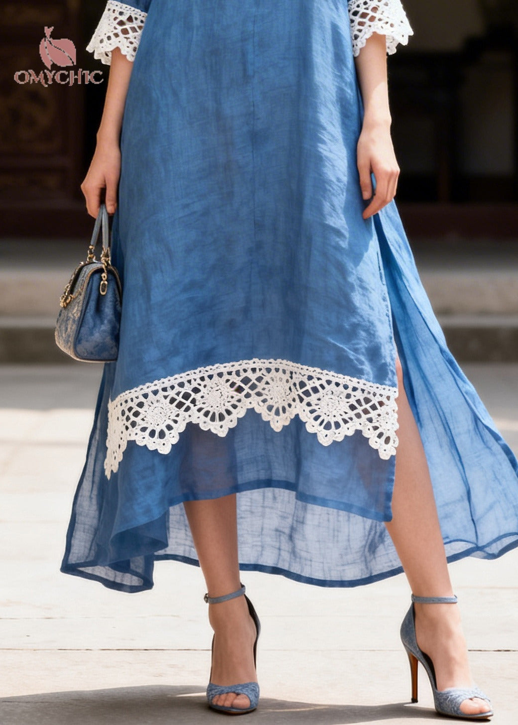 Lace Trim Collar Button Front Three Quarter Maxi Shirt Dress - View 4