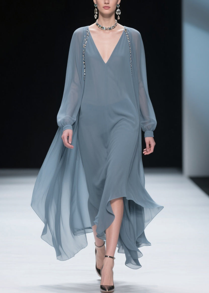 Chiffon Deep V-Neck Long Sleeve Beaded Cape Overlay Maxi Gown - View 3