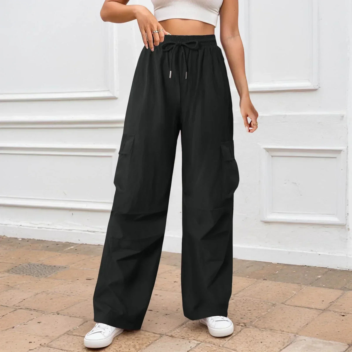 High Waist Drawstring Wide Leg Cargo Parachute Pants 4