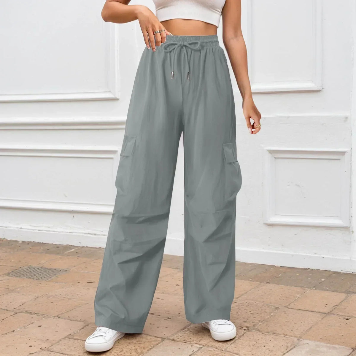 High Waist Drawstring Wide Leg Cargo Parachute Pants 6
