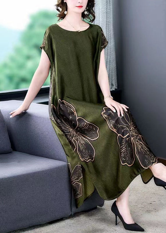 Satin Round Neck Short Sleeve Large Floral Print Shift Midi Dress - View 3
