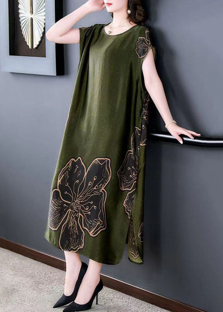 Satin Round Neck Short Sleeve Large Floral Print Shift Midi Dress - View 4