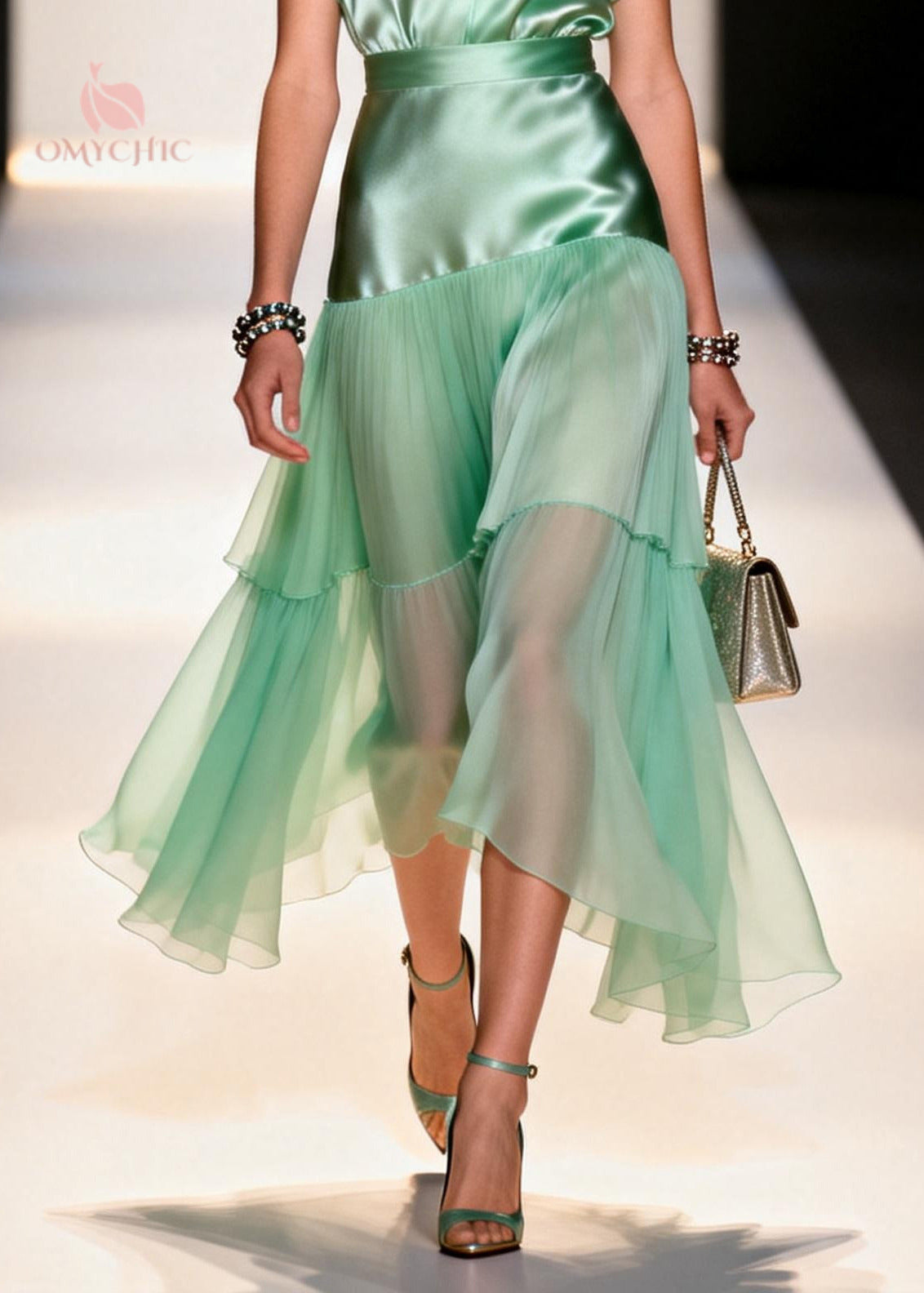 Satin Bodice Chiffon Tiered Pleated Flutter Sleeve Midi Dress - View 4