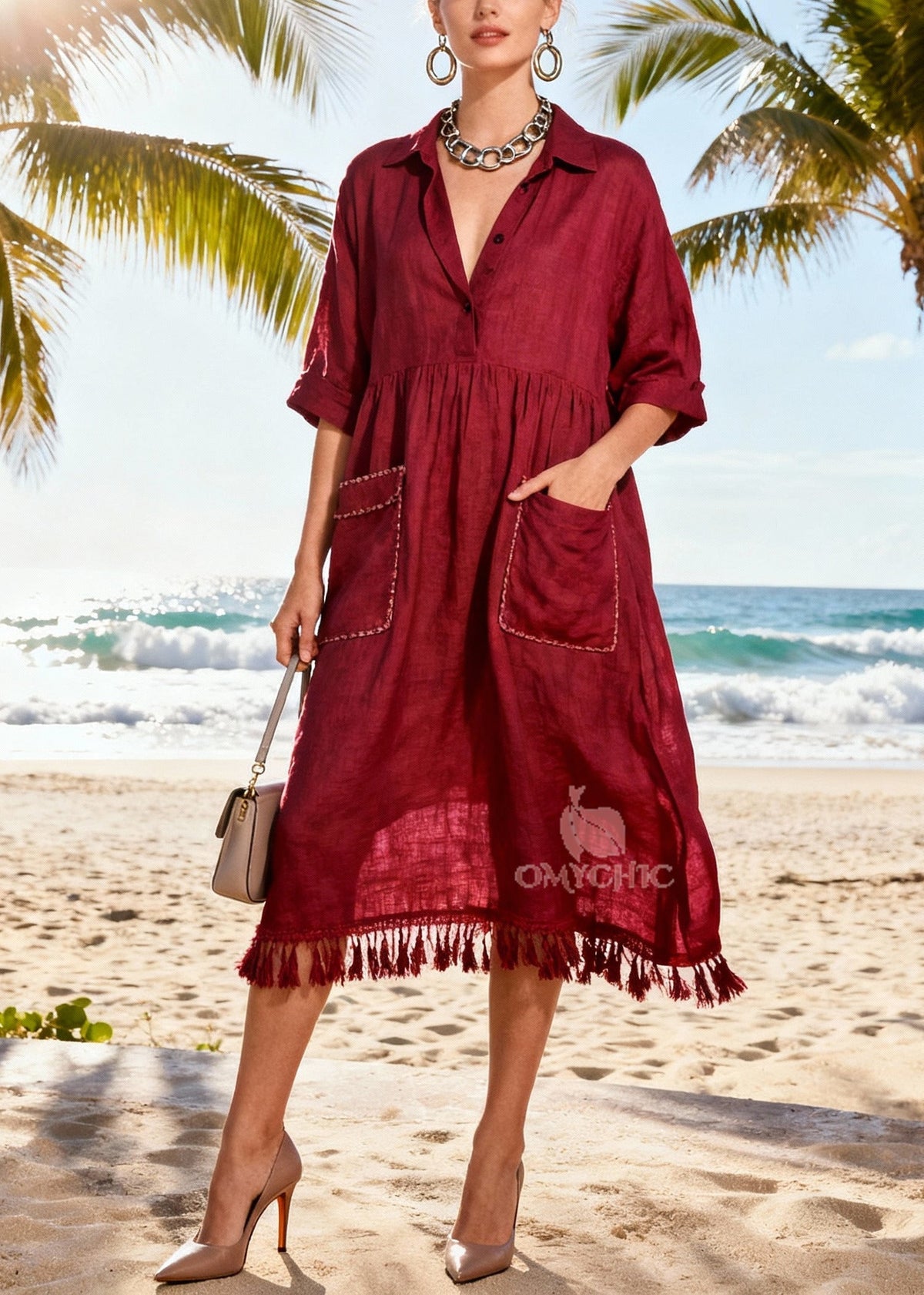 Collar V-Neck Three Quarter Sleeve Empire Waist Shirt Dress - View 5
