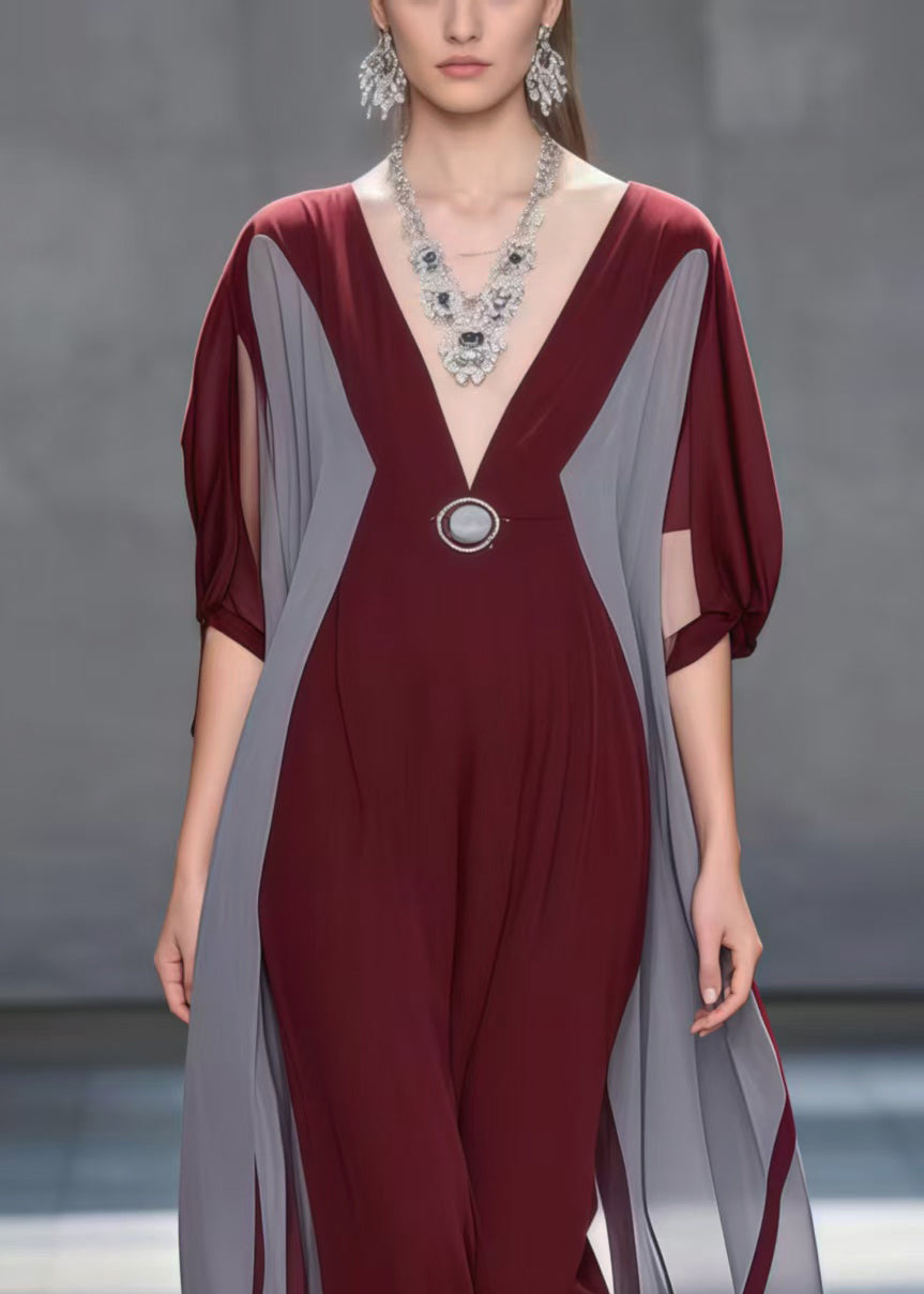 Deep V-Neck Batwing Sleeve Colorblock Chiffon Maxi Dress - View 2