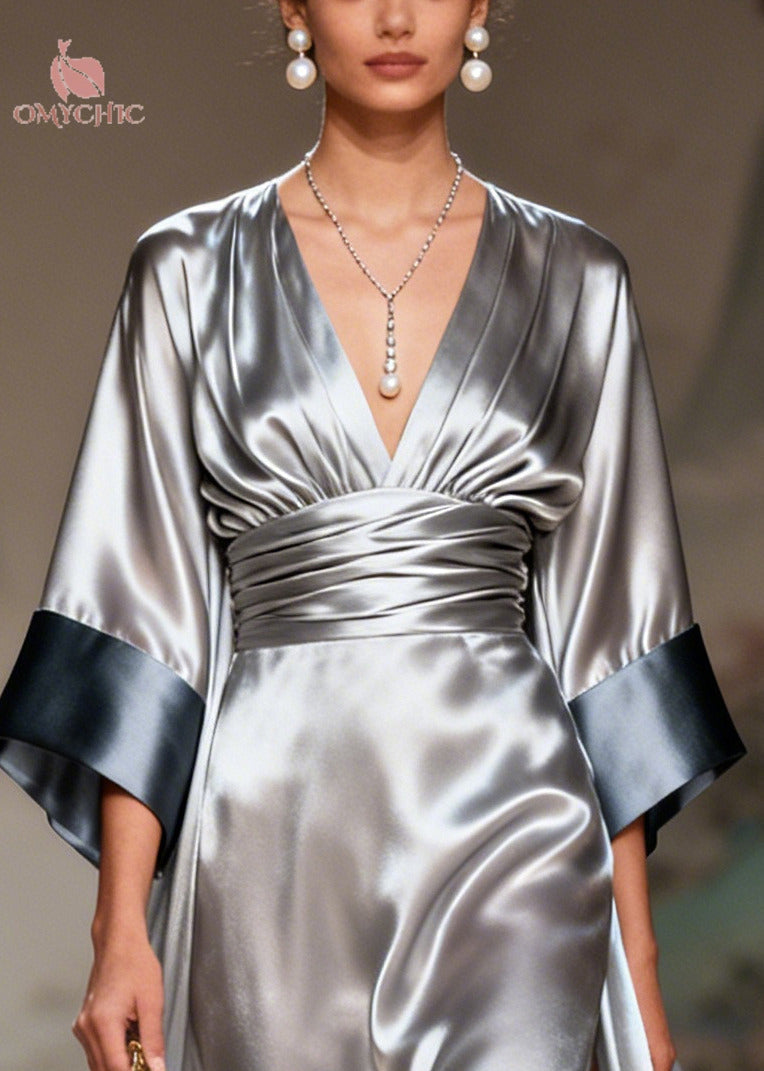 Satin Deep V-Neck Pleated Waist Midi Open Front Robe Set - View 2
