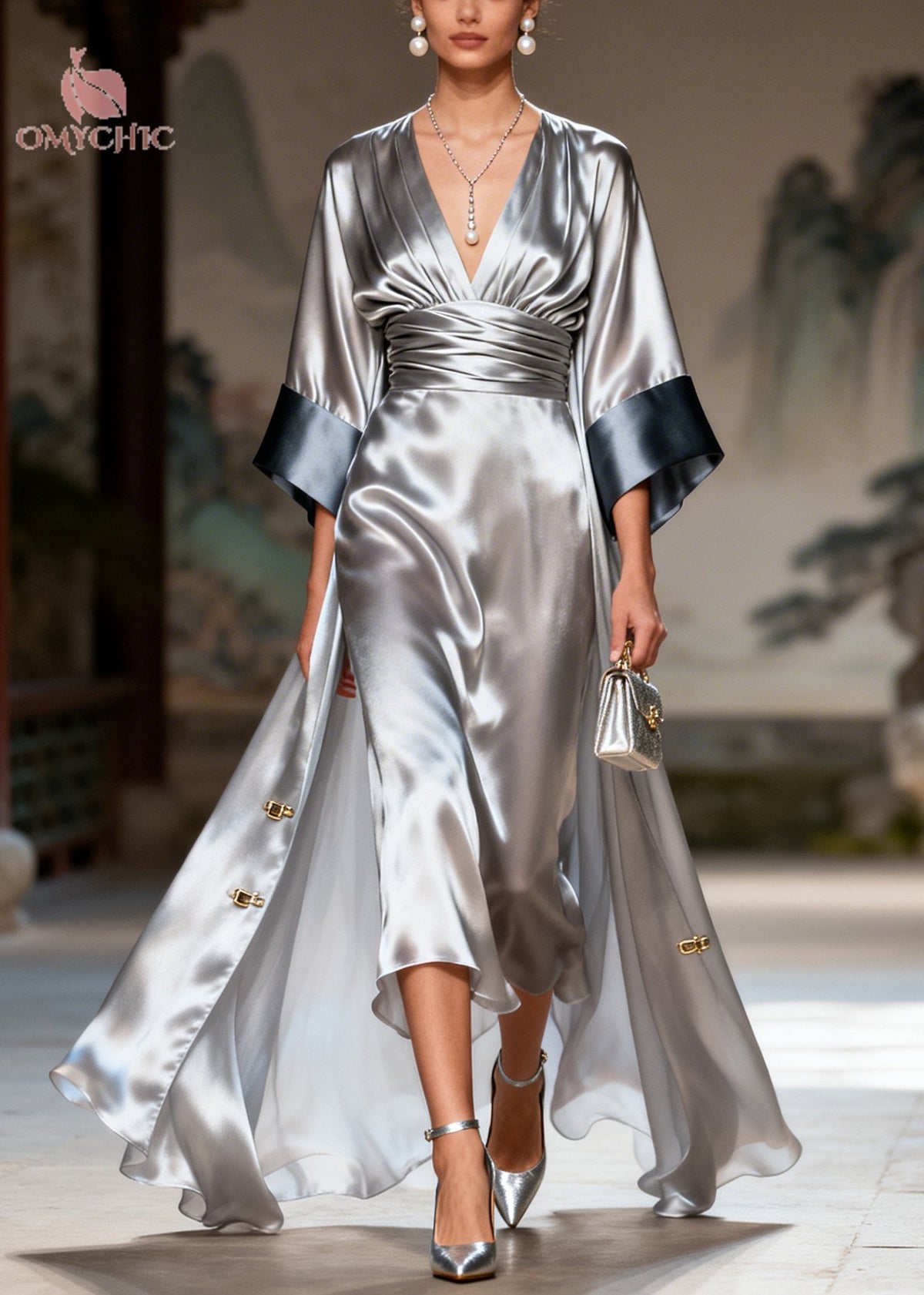 Satin Deep V-Neck Pleated Waist Midi Open Front Robe Set - View 3