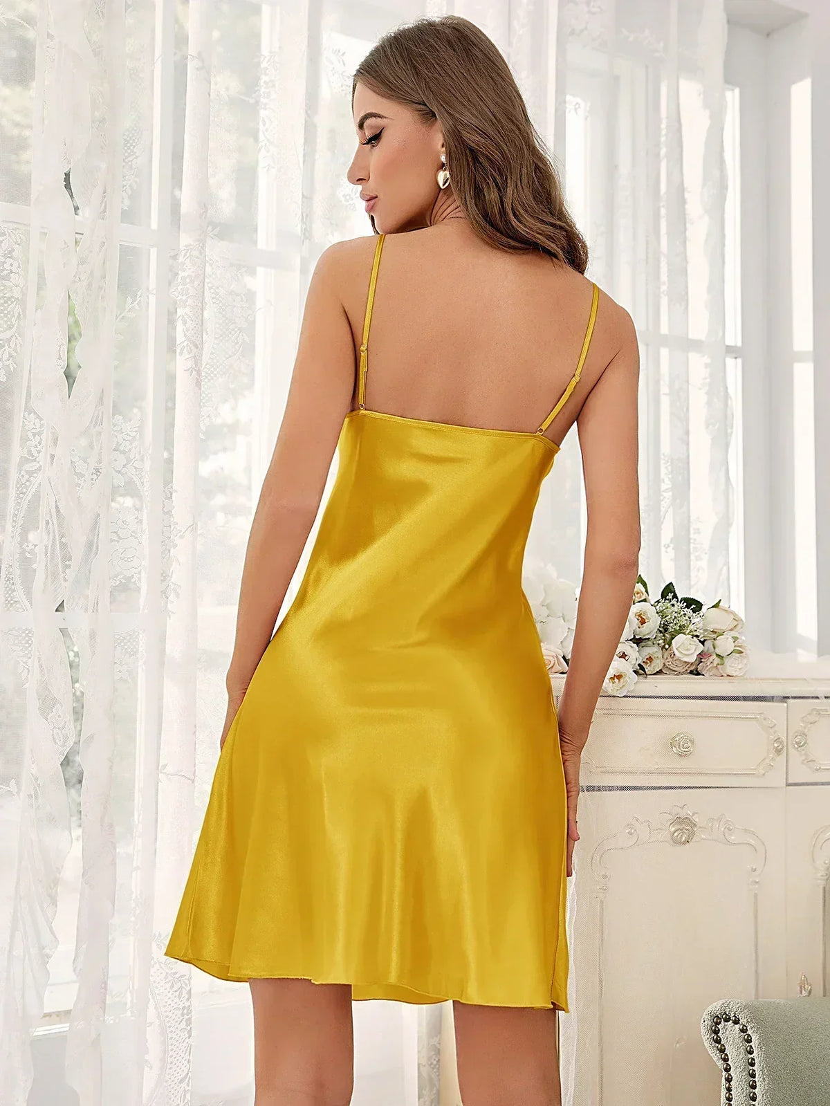 Satin Spaghetti Strap Square Back Slip Mini Cocktail Dress
