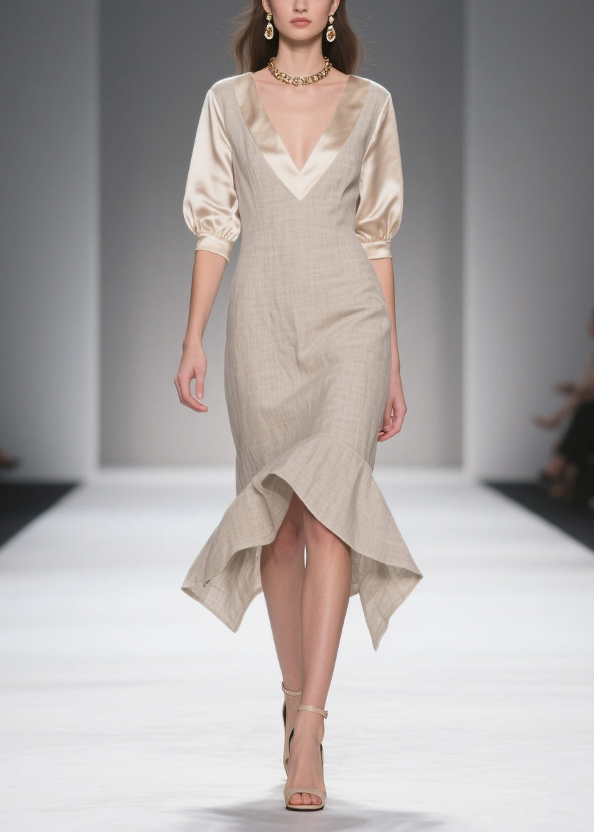 Deep V-Neck Puff Sleeve Woven Fit and Flare Midi Dress