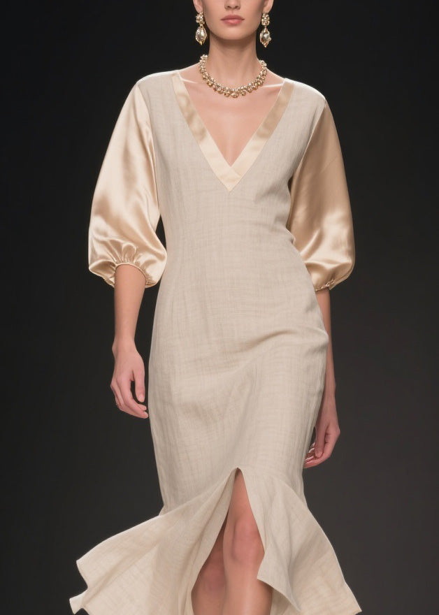 Deep V-Neck Puff Sleeve Satin Trim Center Slit Fitted Midi Dress - View 2