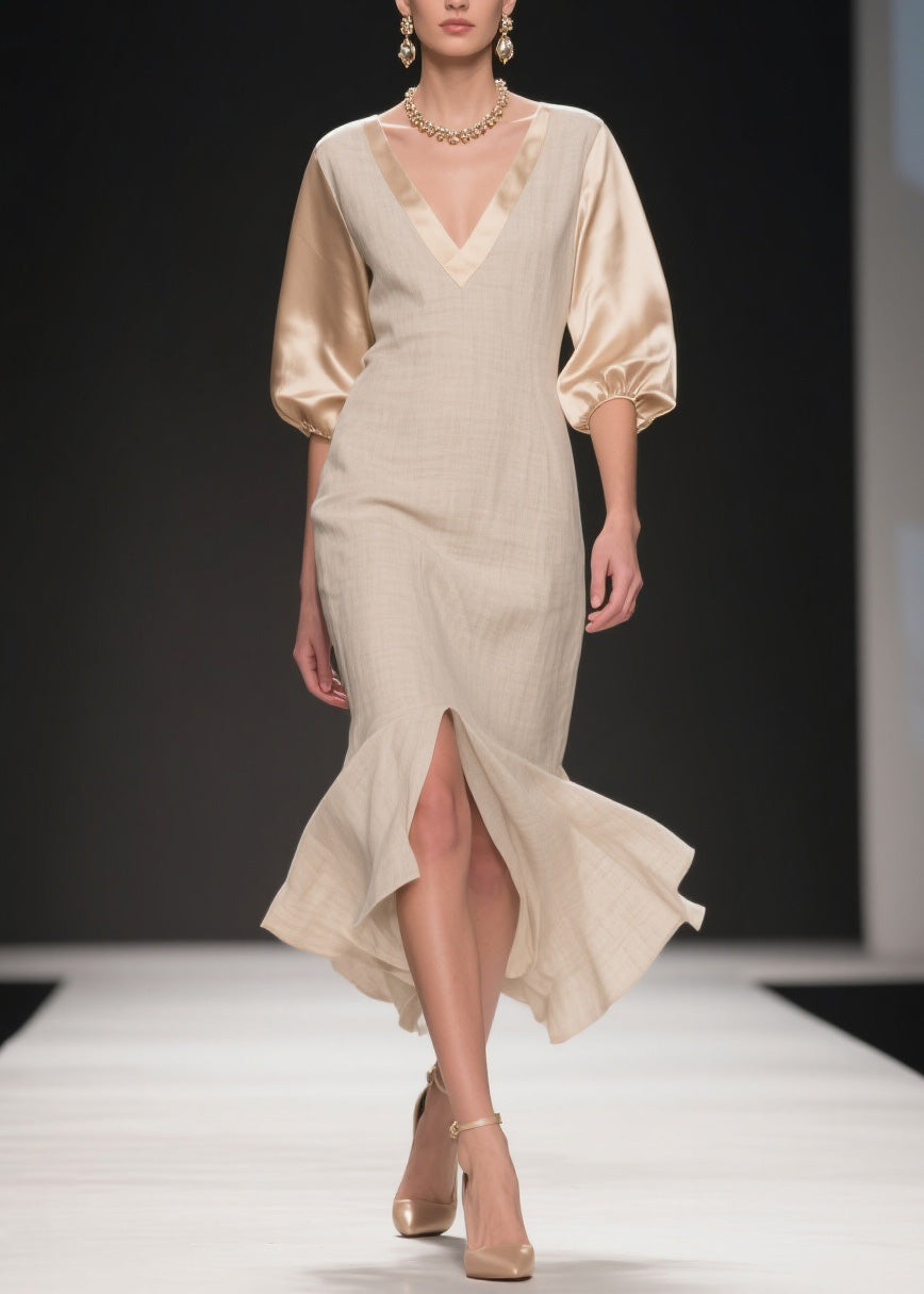 Deep V-Neck Puff Sleeve Satin Trim Center Slit Fitted Midi Dress - View 3