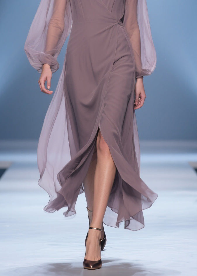 Chiffon Wrap Deep V-Neck Bishop Sleeve Gathered Waist Maxi Gown - View 4
