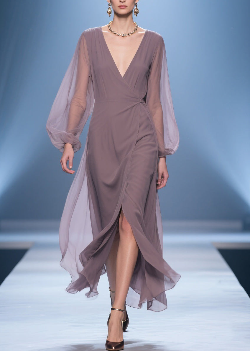 Chiffon Wrap Deep V-Neck Bishop Sleeve Gathered Waist Maxi Gown - View 5