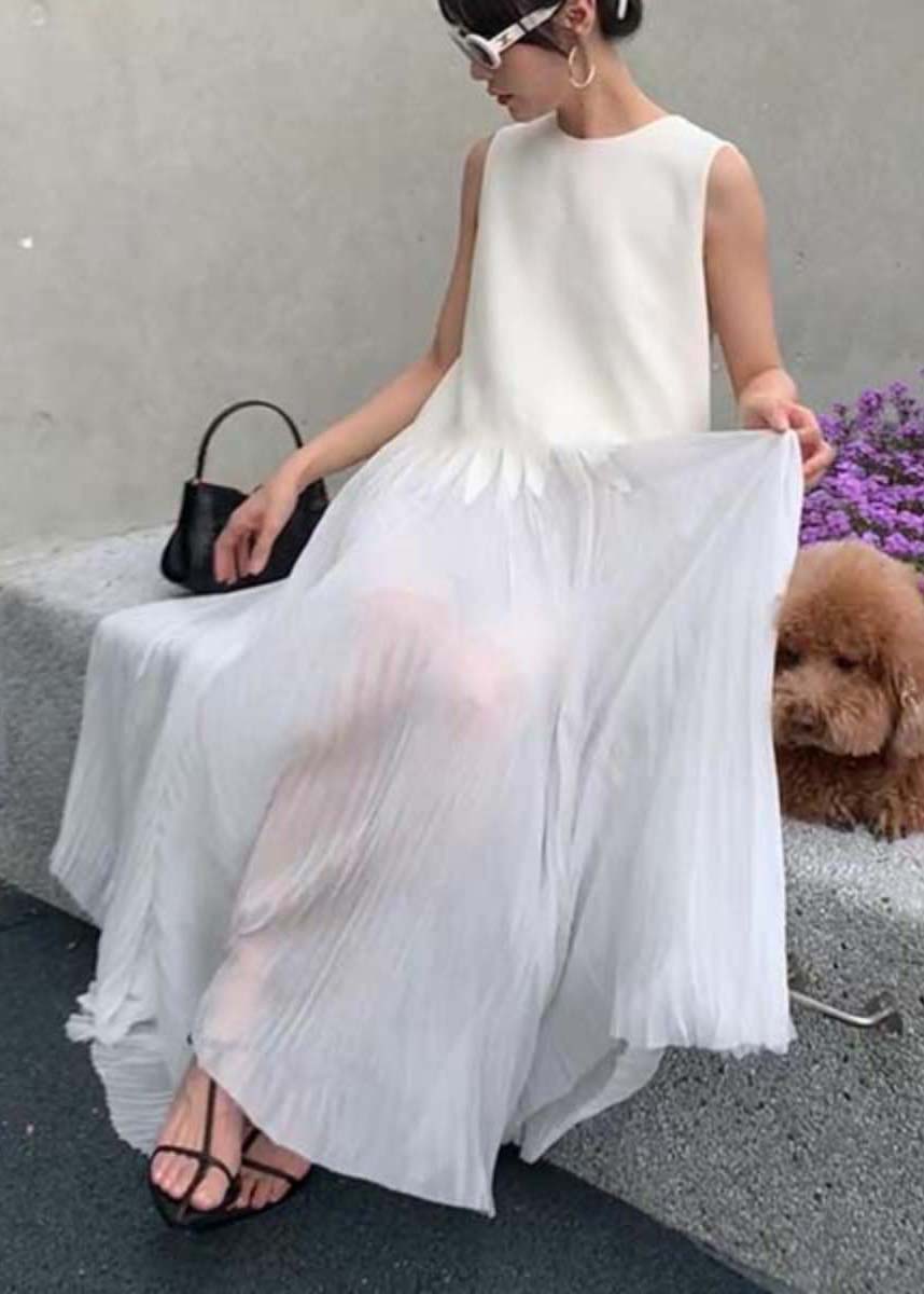 Sleeveless Crew Neck Sheer Pleated Jagged Seam Maxi Dress - View 3