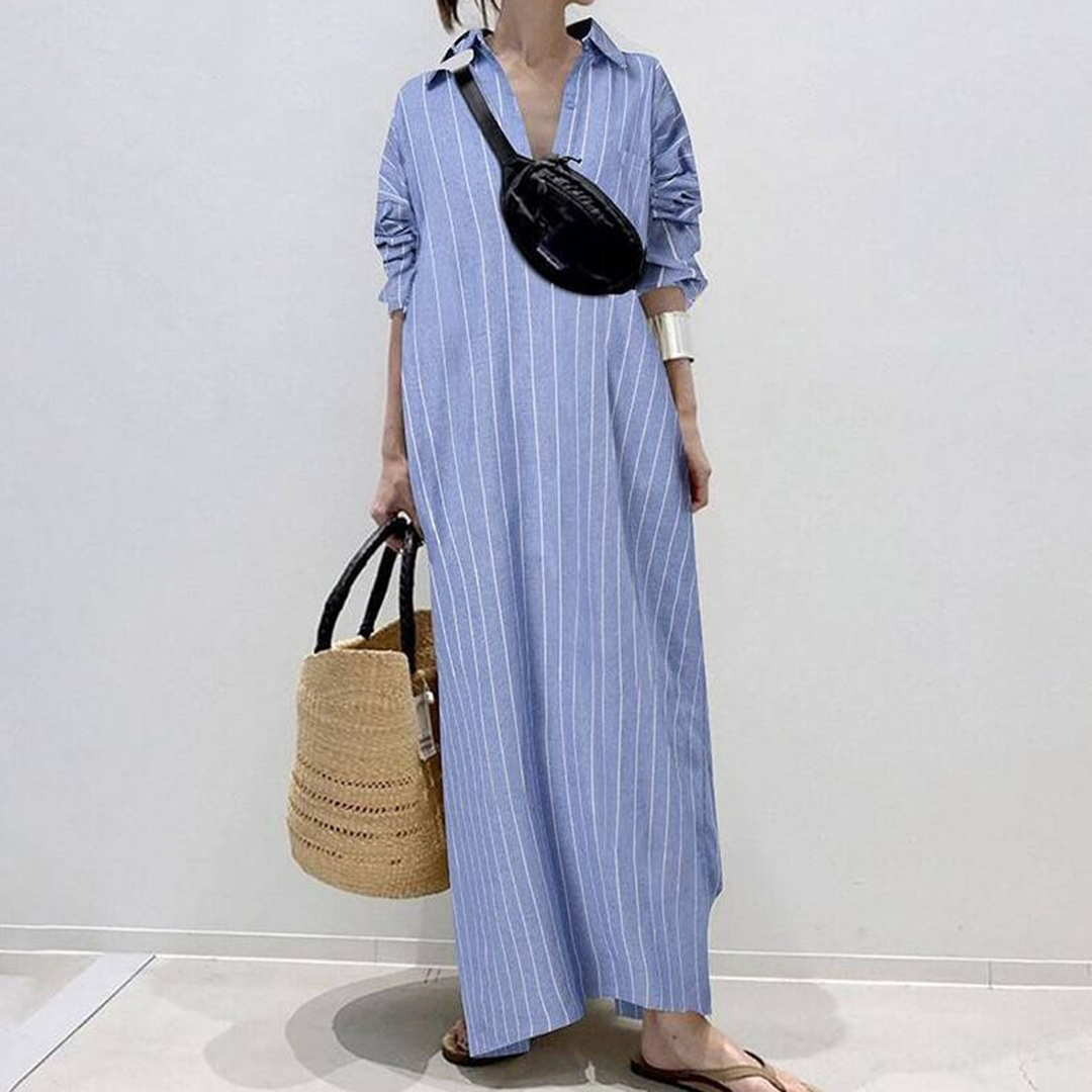 Pinstripe Oversized Button Front Long Sleeve Maxi Shirt Dress - View 2